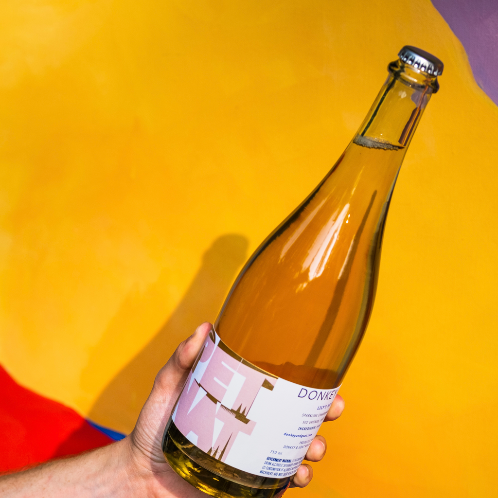 Photo of Sparkling Wine held by a male hand, with yellow, red and purple background.
