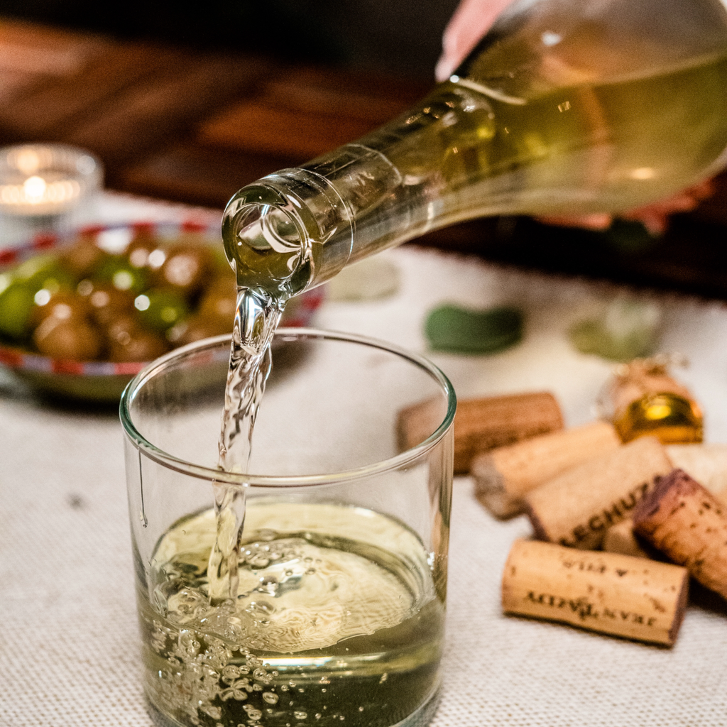 A hand pouring sparkling wine from a bottle into a glass, with wine corks laid around the glass and some olives in the background.