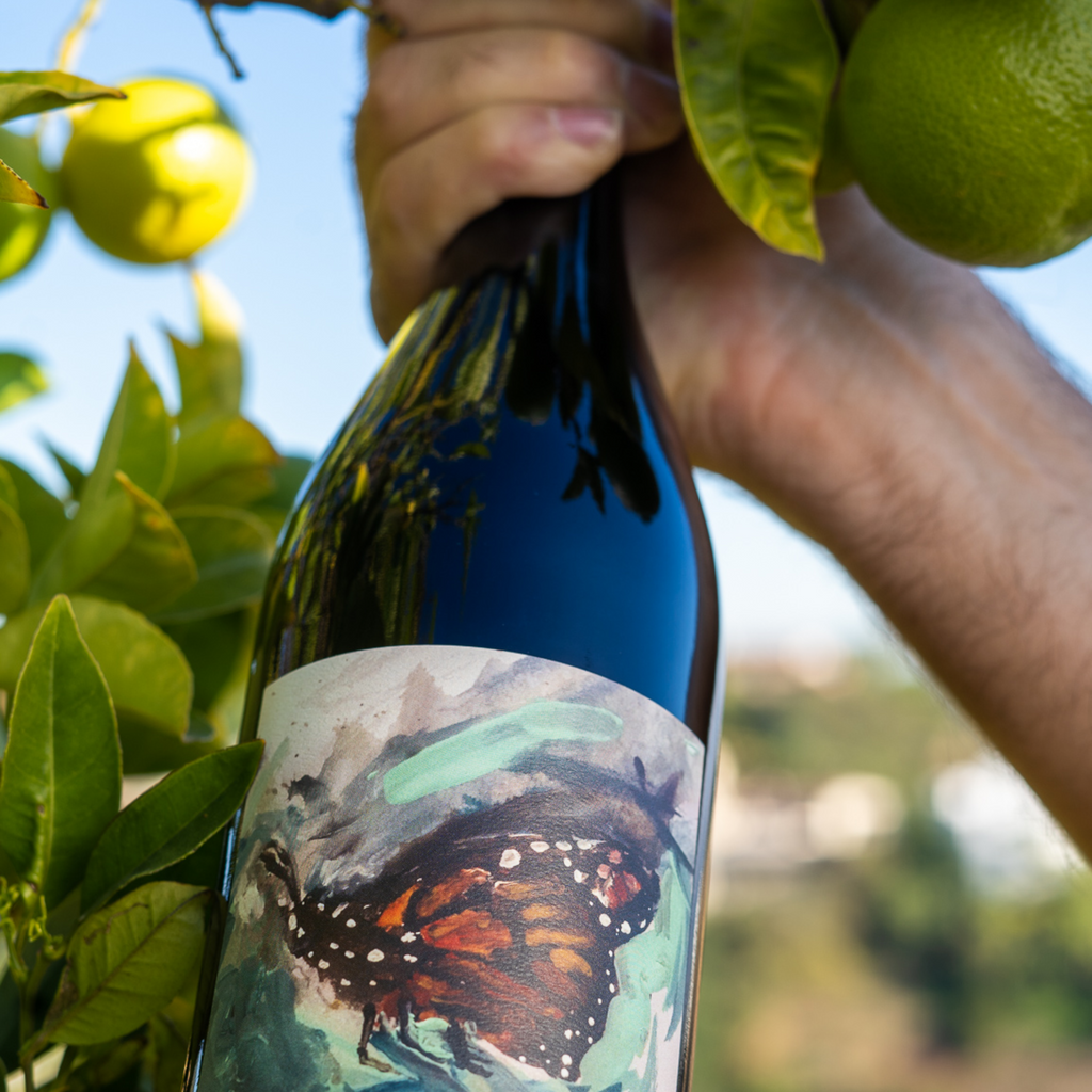 A bottle of red wine with a butterfly on the label, held by a hand with tree leaves in the background.