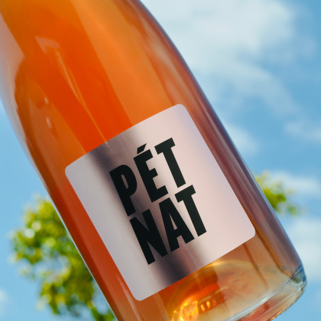Bottle of sparkling wine called Pet-Nat against a blue sky and tree in the background.