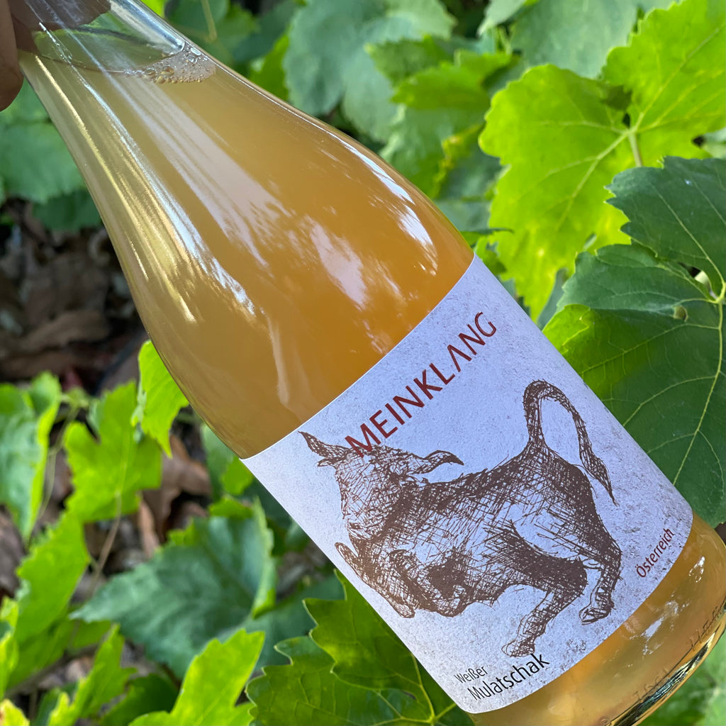 Bottle of Orange Natural Wine Producer Meinkland Weisser Mulatschak with some greenery in the background.