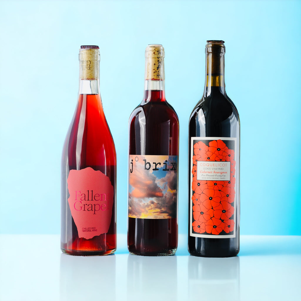 Three bottles of red wine next to eachother, shot against a blue background.