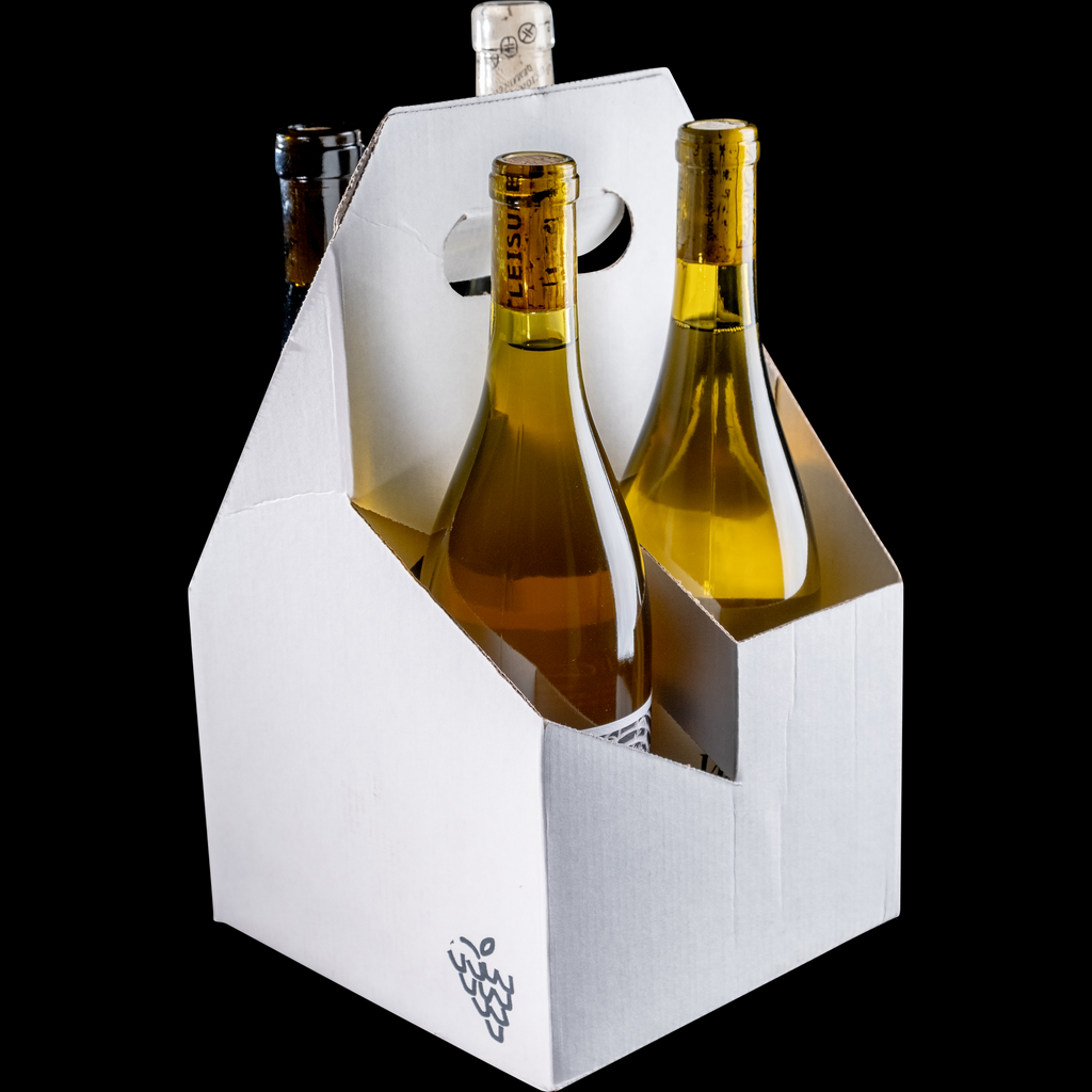 4 natural white wine bottles in Unfined Wines membership packaging