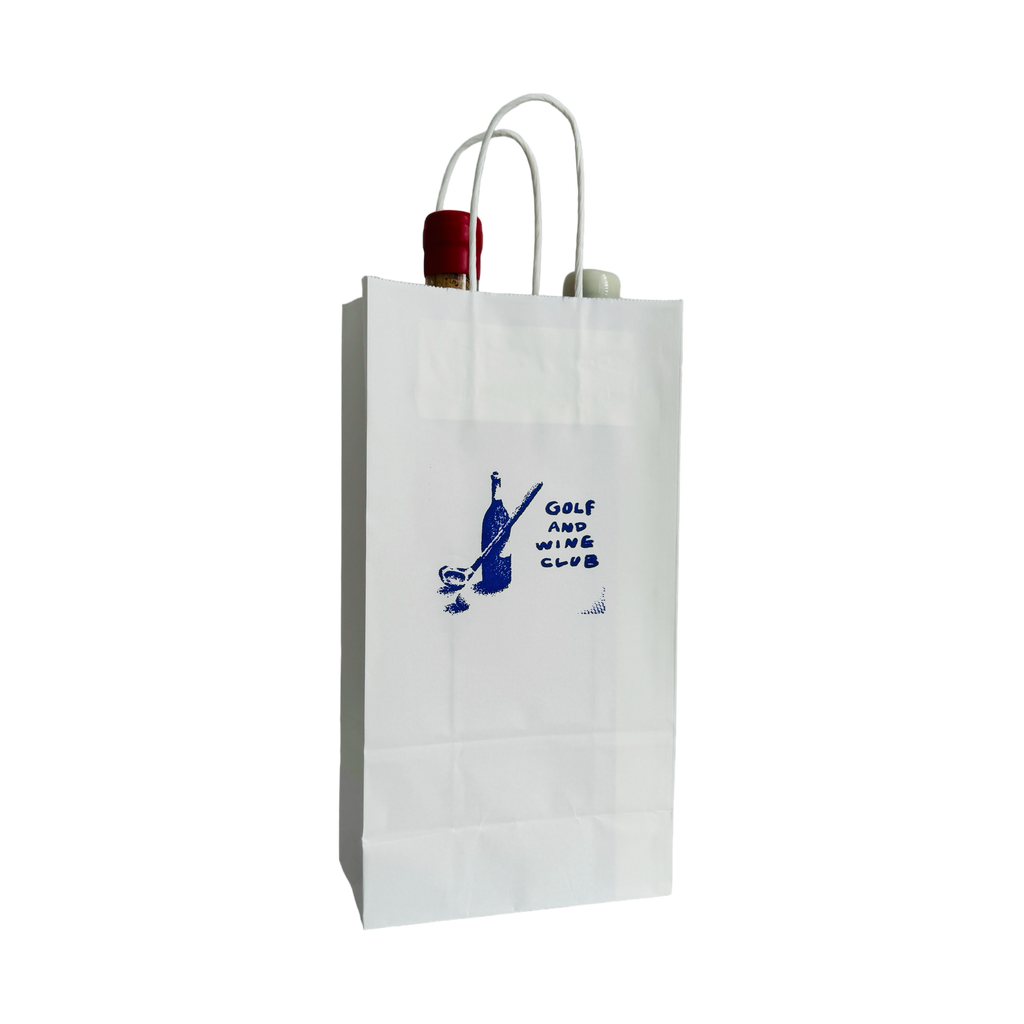 A photo of an Unfined Wines white 2-bottle subscription bag with two bottles in it.