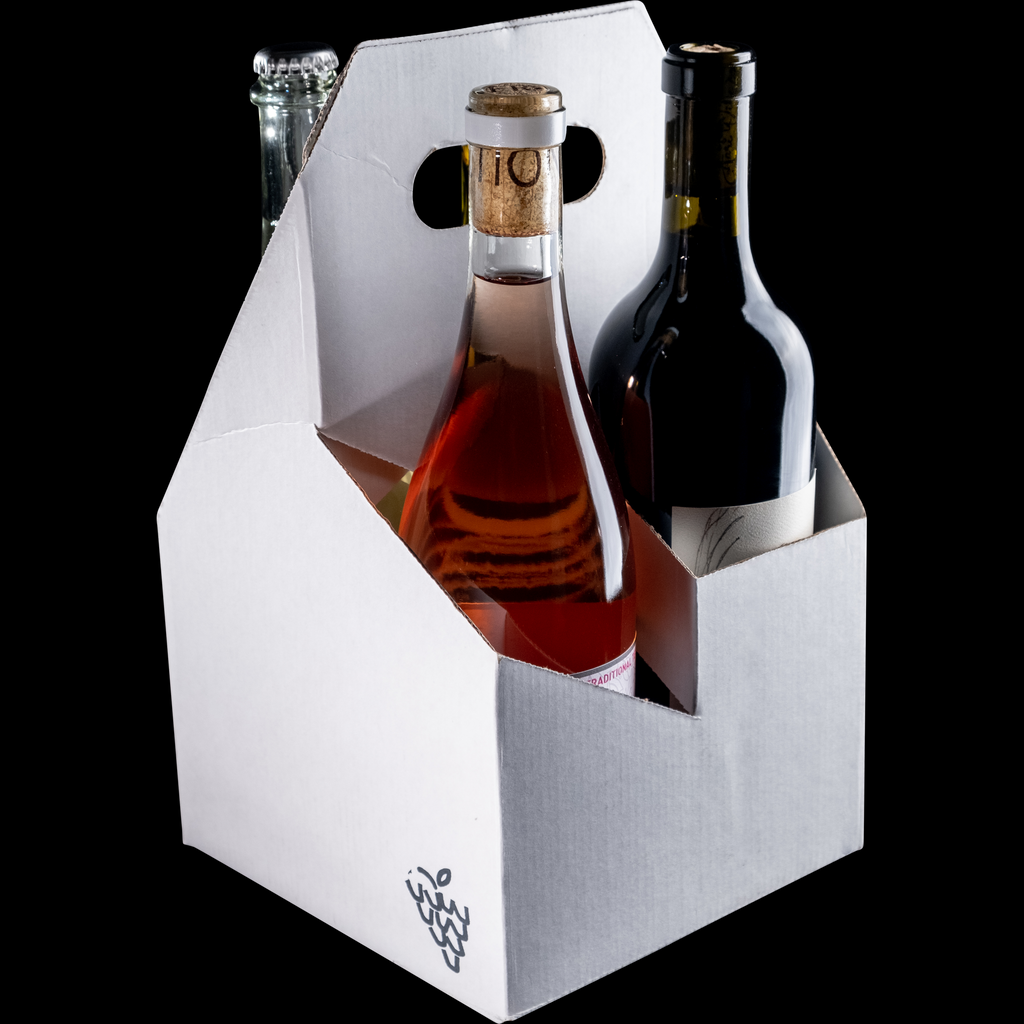 4 natural wine bottles (rose wine, red wine, white wine, sparkling wine) in Unfined Wines membership packaging